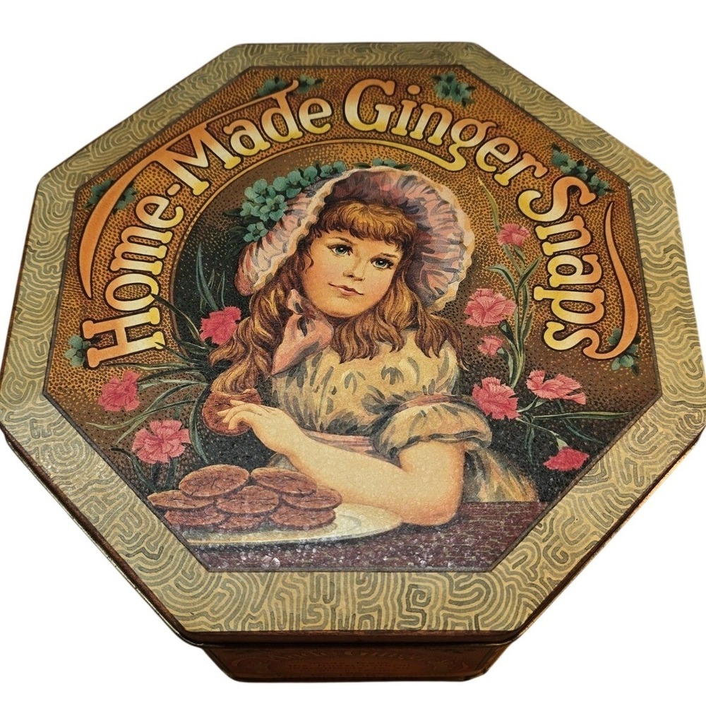Home Made Ginger Snaps Tin BRIGHT COLORS Tin with‎ Lid 9.5"